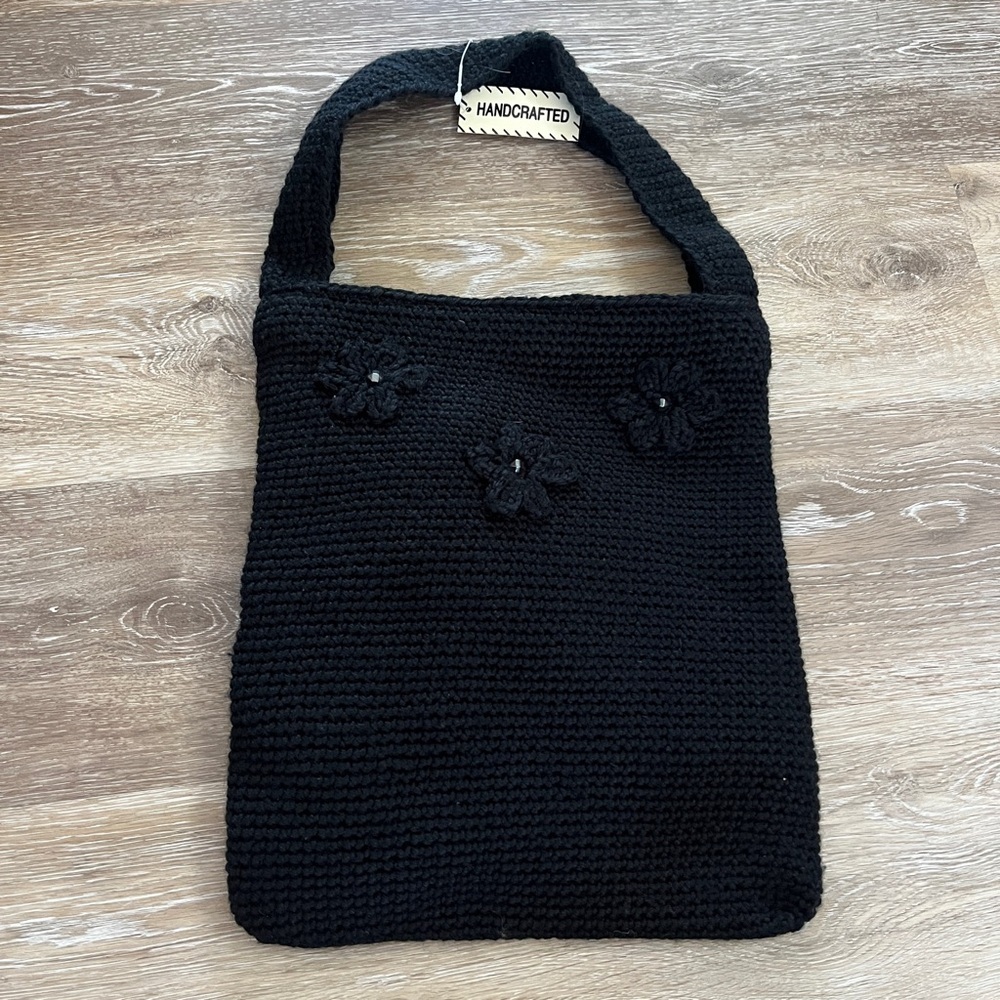 Black Knit Handmade Floral Decal Short Strap Boho Bag Cottagecore